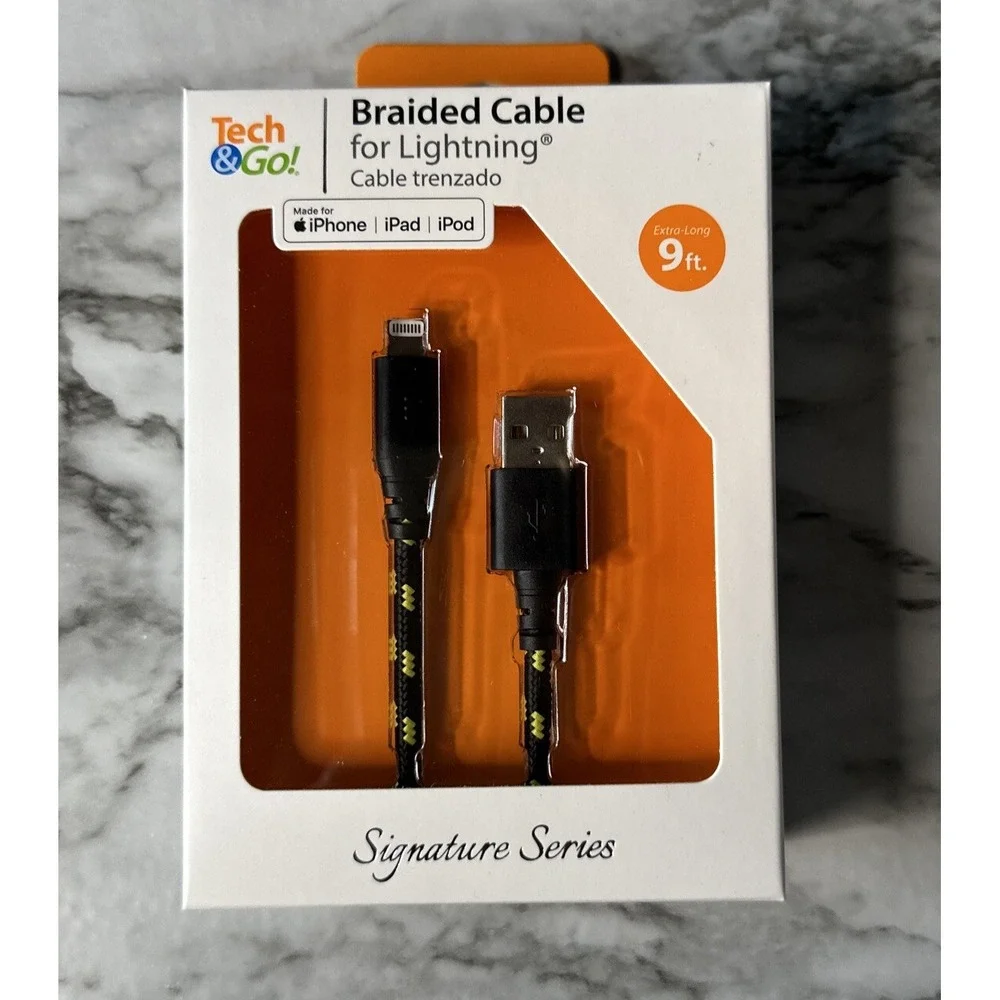 Tech & Go 9ft USB Braided Charge Cable for iPhone iPad iPod - NEW-Black & Yellow